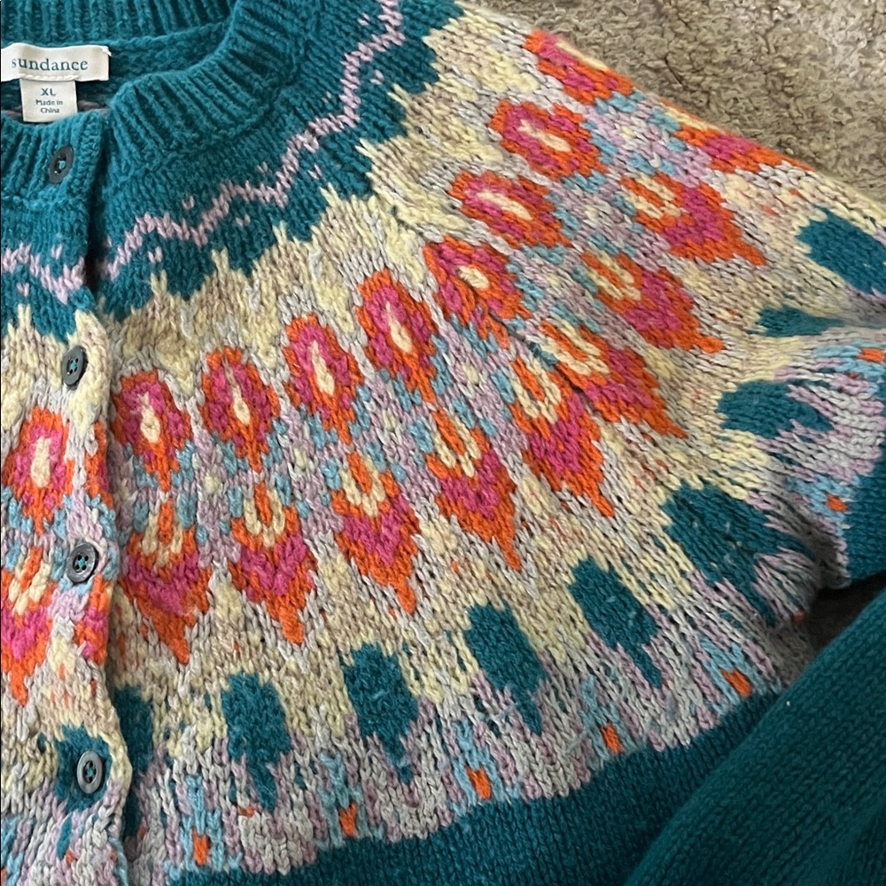 Sundance Teal Fair Isle Lambswool Crewneck Button Up Cardigan XL - Picture 6 of 10